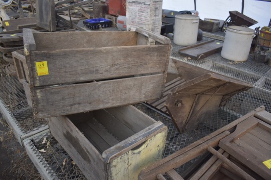 two Vintage Crate boxes and wooden hopper