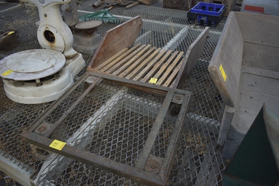 metal dolly and small wooden hopper