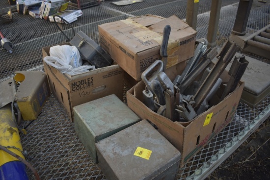Group of misc air tools, staples, metal boxes of items, etc