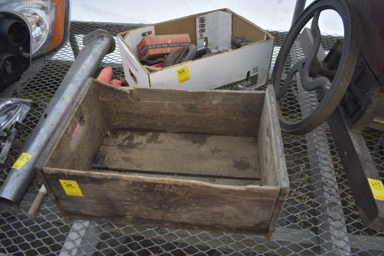Daeuffer Lieberman Crate and box with old irons, crescent wrench, etc