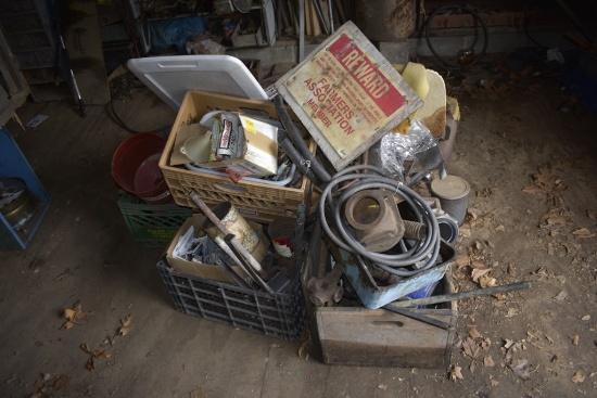 Group of hardware, belts, filters, chair, misc metal, bolts