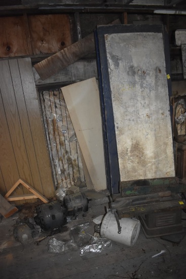 group of 5 old doors, 3 electric motors, and antique table saw