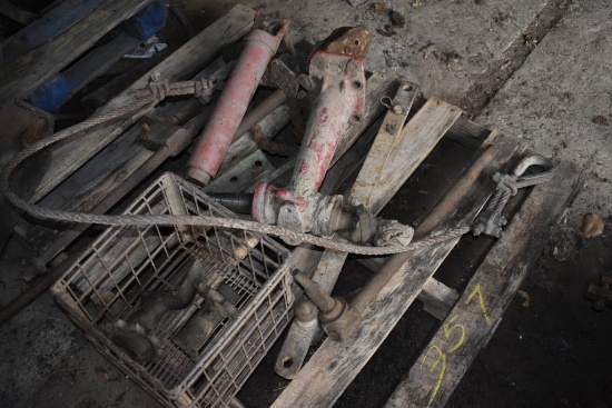 Pallet with IH narrow front end, cable sling, old bench vise