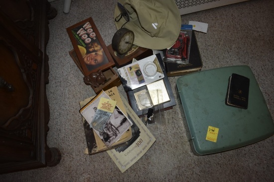 Group of misc advertising, hat, books, new 7 function multi tester, clock