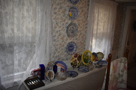 Group of dishes, insulator, oil lamp base, candy dish and Regent Sheffield knife set