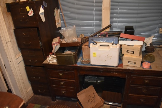 Filing Cabinet and Wooden Desk with some misc contents in them