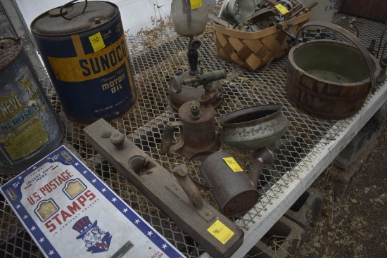 Antique Planer, Blow torch, watering can, little pot, and antique oil lamp