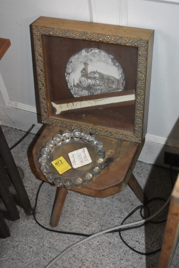 primitive stand with ash tray and train picture