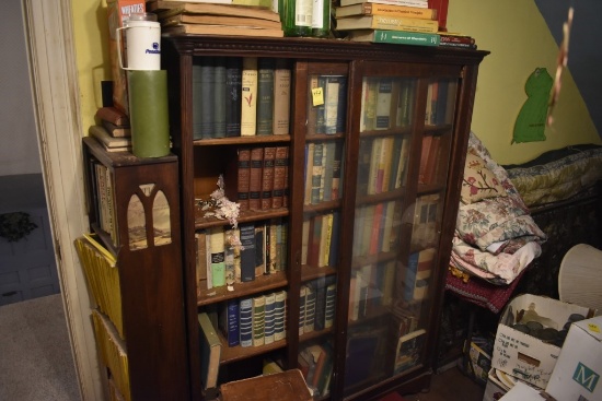 Glass Front Bookshelf and little wooden bookshelf with all books