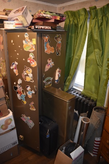 Metal bifold cabinet, games and books, suitcase, metal case, old rug, some flashing