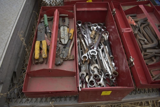 Red Tool box full of mostly SAE Wrenches and wire Strippers