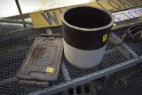 6 Gallon brown and white crock and cutting board for meat or fish