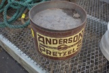 Anderson Pretzels tin that has round up ready sweet corn in it