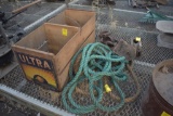 Ultra fruit Crate, two ropes and two block and tackles with old metal pulley