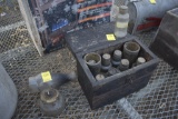 Antique wooden box with old bottles with corks and Gas Lantern