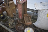 Coca cola Crate, 2 antique blow torches, 3 wooden boxes, and old headlight with old headlight holder