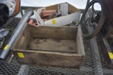 Daeuffer Lieberman Crate and box with old irons, crescent wrench, etc