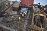 5 four ways, 2 little c clamps, nails, headlight tool box of older screwdrivers etc