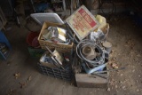 Group of hardware, belts, filters, chair, misc metal, bolts