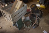 Group with toll of newer plastic banding, bolts, 3 wooden crates, paint, extension cord piece