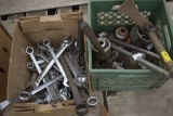 Box with mostly bigger SAE Wrenches and green milk crate with big sockets
