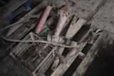 Pallet with IH narrow front end, cable sling, old bench vise