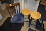 2 wooden stools and wooden dining chair