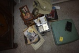 Group of misc advertising, hat, books, new 7 function multi tester, clock