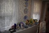 Group of dishes, insulator, oil lamp base, candy dish and Regent Sheffield knife set