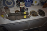 antique planer, shoe stretcher, Burchel milk bottle, frog