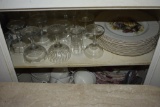 Dishes, glasses. Metal serving platters, candle sticks, etc