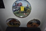 3 john deere plates, group of plates on sill, other plates, decorative wall hanger