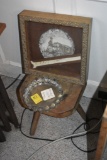primitive stand with ash tray and train picture