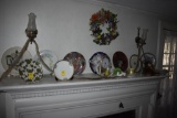 Group of dishes, clock, and two snake skins