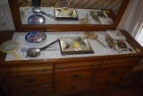 Contents on top of dresser including bolo ties, mason piece, irem temple memorabilia,