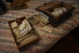 Group of stamps, letters, and postcards with nice wooden box