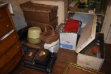 Group of misc items like old lock boxes, suitcase, old wooden trunk, bread maker, etc