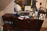 4 Drawer dresser with mirror, sowing machine and bookshelf with books