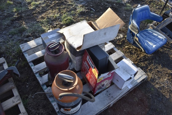 Pallet of Sprayer Tanks, Lock box, Lights, Misc