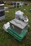 Two Tanks, Battery Charger, Plastic Totes, and Shoe Lace