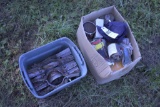 Tote of Pipe Hangers And A Box Of Misc Painting Supplies
