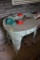 Green Wicker Table with humming bird Feeder