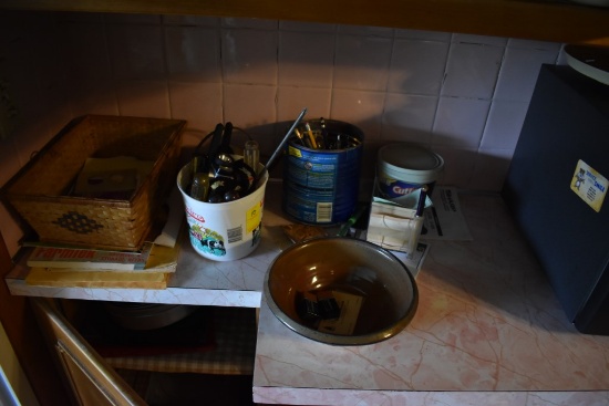 Contents Of counter including pens and headlamp a 2013 CS Amman Hand crafted pottery