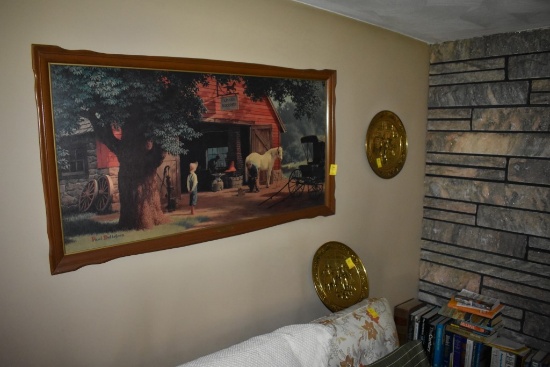 2 Metal Colonial Scenes with Gold Finish and Print of Paul Deltefrsen's Horse and Buggy Days