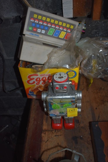 Japanese Robot Tin Toy with Cracked Front and box of Misc Toys