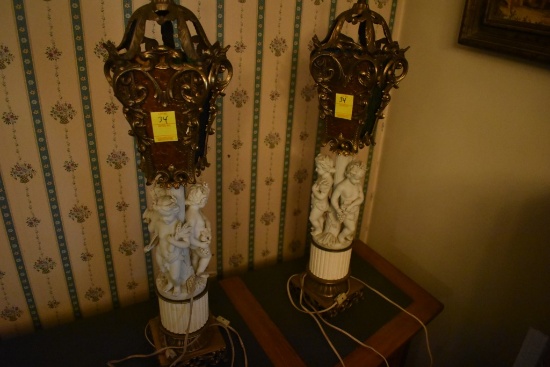 Pair Of Ornate Glass and Porcelain Lamps
