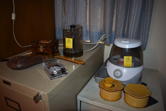Group of Misc Items including Old Gunpowder bag Ecuador wooden box Delweaco 1989 Pocket watch