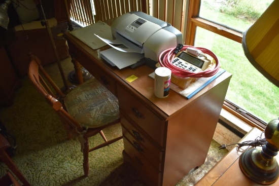 Small Wooden Desk with 4 Drawers with contents on and in