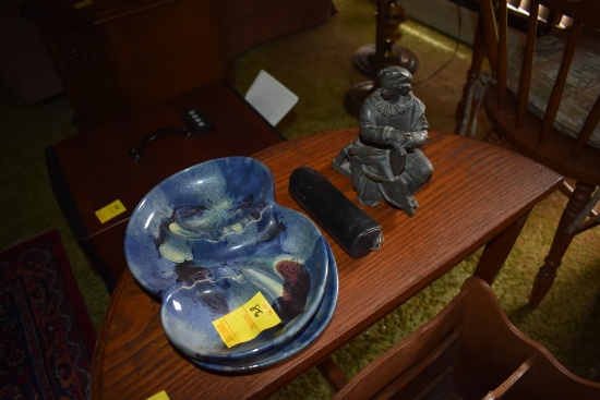 Two McCoy Dishes with Metal Figurine and Japanese scope