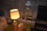 Two Table Lamps and Pedestal Lamp